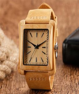 Yaratıcı Dikdörtgen Dial Wood Watch Doğal El Yapımı Işık Bambu Moda Men039s Günlük Kuvars Bilek Saati Deri Band Hediye2114372