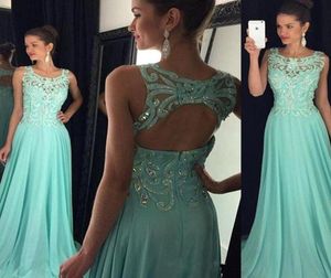 Mint Green Lace Pärled Chiffon Prom Dresses Long New Sexy Scoop Neck Sleeveless Keyhole Hollow Back Evening Clows Formal Pageant D2420437