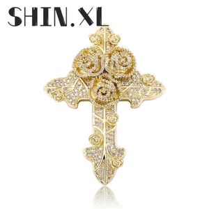 Hip Hop Iced Out Gold Plated Rose Cross Pendant Necklace Bling Bling Jewelry for Men and Women3036