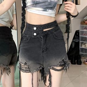 Kadın Şortları Siyah Gotik Yırtık Denim 90S Estetik Vintage Jeans Y2K Harajuku Koreli Kovboy Kısa Pantolon 2000S Giyim