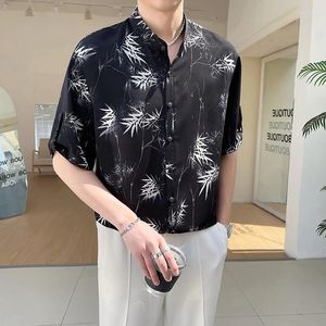 メンズカジュアルシャツ2024夏の薄い竹の葉の透け式スタンディングネックシャツ男性半袖ソーシャルストリートウェアの服