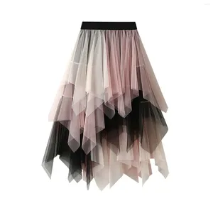 Kjolar asymmetriska ruffles mesh tutu kjol rosa svart lapptäcke muti lager tyll elastisk hög midja lång midi för kvinnor