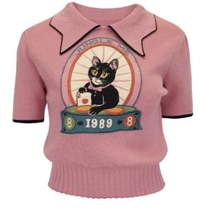 Rosa snygga tröja kvinnor stickade t-shirt 2024 sommartecknad broderi korta ärm tees stickkläder eleganta mode chic hoppare