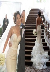 Romantyczne syreny koronkowe suknie ślubne paski spaghetti tiul azulowy pociąg do aplikacji Puszka Urocze suknie ślubne ślub w plecy DR6079625