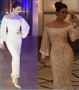 2024 White Mermaid Evening Dresses Lace Off the Shoulder Long Sleeves Ankle Length Ruffles Plus Size Prom Gown Formal Custom vestidos