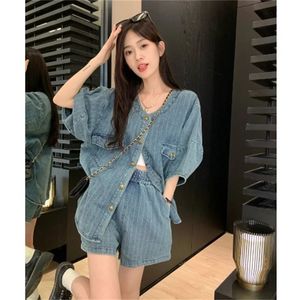 Abito in denim sciolto Donne Short Coat Top Summer Tutto abbinando pantaloni a gamba larga Mashion Twopice Set di colore solido 240415