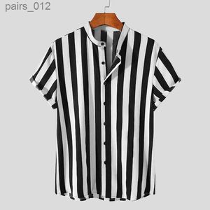 Camisetas masculinas Camisa masculina Padrão de lapela lappel Summer Stripe de manga curta Hawaii Férias diárias respiráveis CONFORTO CASUAL YQ240415