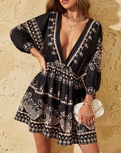 Casual Dresses For Women A Line Skirt V-Neck Tribal Print Lantern Sleeve Swing High Waist Summer Spring Elegant Sexy Dress