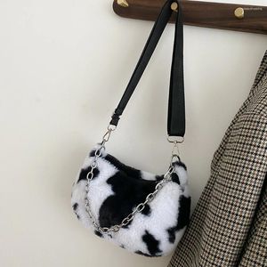 Shoulder Bags 2024 Winter Cow Print For Women Soft Plush Handbag Female Chain Bag Crossbody Warm Fur Fluffy