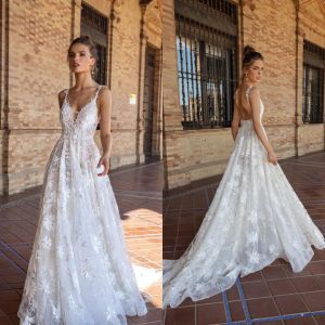 2024 Spetsbröllopsklänningar Deep V Neck Applique Sequin A-Line Brudklänningar Öppna rygg svep Train A Line Wedding Dress