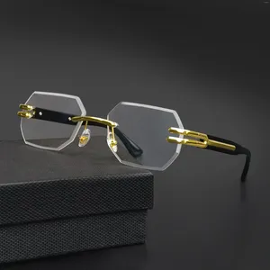 Solglasögon Cautside Retro Frameless Men polygonal Metal Frame Women Sun Glasses Business Outdoor Travel Present Box Summer Style