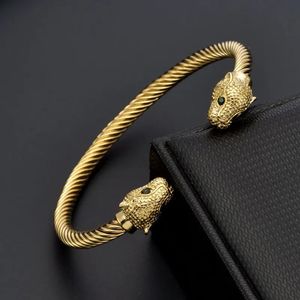 Fashion Leopard Head Stainless Steel Open Men Women Cuff Bangles Trendy Mesh Surface Chain Link Bracelets Pulsera 240415