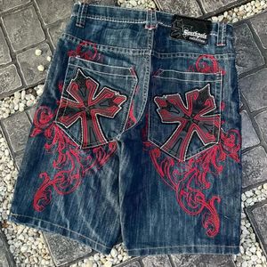 Y2K denim Capris gotisk retro kors grafisk broderad shorts harajuku hiphop hög midja avslappnad mörkblå shorts män kvinnor 240407