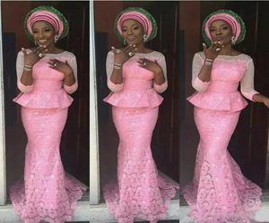 2018 nigerian dresses evening wear with sleeves scoop neck mermaid peplum pink lace african prom dresses4547055