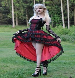 Czarno -czerwona koronkowa gotycka sukienki imprezowe paski spaghetti koronkowe z back hi lo piękna sukienka steampunkowa moda na balu wieczorowe suknie 9403837