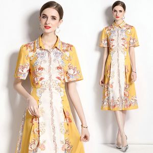 Kvinnor Butik Tryckt klänning Summer Floral Shirt Dress High-End Trend Printed Lady Dress Ol Runway Dresses Short Sleeve Dresses