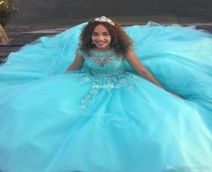 Mint Green Ball Suknia Dziewczyny Quinceanera Sukienki Otwórz Back Corset koronkowe cekiny Tiulle Cap 2019 Plus Size Sweet 16 Debiutante Dress4464260