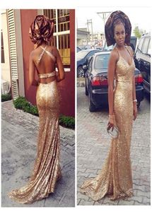 Gold Sequins Lace Evening Dresses 2022 New Arrival Aso Ebi Style Bling Halter Mermaid Long Party Prom Gowns With Criss Cross Strap1399335