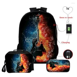 Backpack Guitar Flame Print 3 Pcs/set Backpacks Music Note School Bags Reusable Bento Bag Student Pen Mochila Escolar Rucksack Women