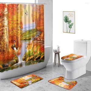 Duschvorhänge Herbst Ölmalerei Landschaft Vorhang Waldstrom Wasser Elch Vogel 3d Druckbad Set Nicht-Schlupfbad Matte