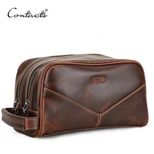CONTACTS genuine leather cosmetic bag for men vintage crazy horse leather man make up bags small travel bags male toiletry bag 240412