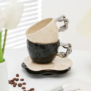 Mugs Black Silver Twist Cup Simple Coffee and Plates Ceramic Creative Gift Plate Set High Beauty Handheld