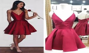 Cheap Red Short Homecoming Dresses Spaghetti Straps V Neck Cocktail Party Dresses Burgundy Satin 8th Graduation Prom Dresses7031834