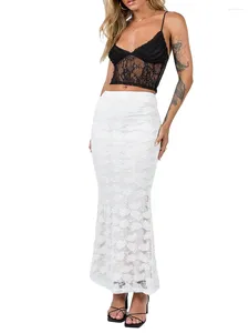 Skirts Fashion Women's Summer Long Sheer Skirt White Elastic Band Fitted Lace Floral Pencil Shirt