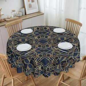 Bordduk Rund art deco Blue Gold Abstract Geometry Oljesäkert bordduk 60 tum omslag för köksmat