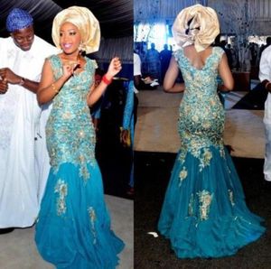 Afrikanische traditionelle vneck golden applikes abendkleider tulle Sweep train mermaid nigeria formelle Abschlussball trägt Customed5586768