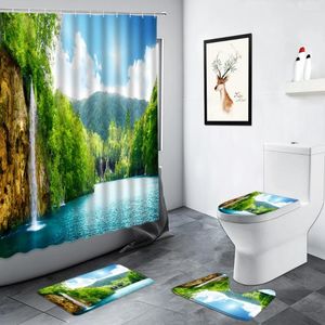 シャワーカーテンフォレスト田舎の風景緑の植物の滝の滝の風景浴室の装飾カーペットカーペットノンスリップラグトイレバスバスマット豪華なセット