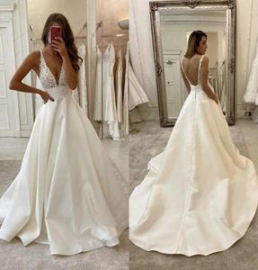 Satin A Line Wedding Dresses with Buttons Sexy Open Back Vestidos De Novia V Neck Lace Sleeveless Bride Wedding Gowns5454456