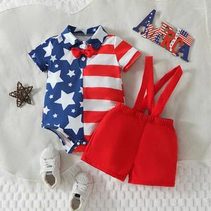 Clothing Sets Baby Boy 4th Of July Outfits Striped Lapel Neck Short Sleeve Romper Elastic Waist Suspender Shorts Toddler Summer Set