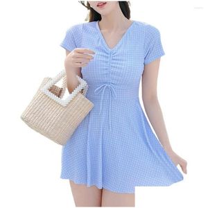 Womens Swimwear 2Pcs/Set Women Stylish Slim-Fitting Checkered Wireless Comfy Swimsuit Drop Delivery Apparel Clothing Dhrje
