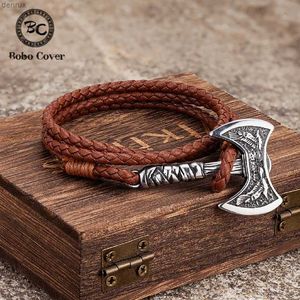 Andra armband Norse Hatchet Multi-Layer Leather Armband Men rostfritt stål vikingar axel armband raven amulet självförsvar handgjorda smycken240415