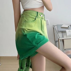 Vintage Gradient Color Green Jeans Shorts Women Summer Loose Casual High Waist Denim Korean Fashion Beach 240415