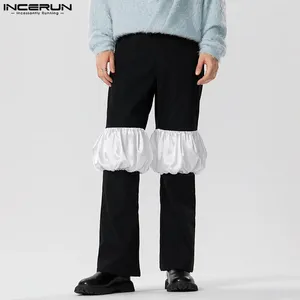 Herrbyxor män satin lapptäcke knappkläder lösa raka byxor 2024 joggare fickor mode casual pantalon incerun