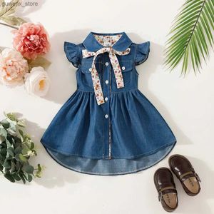 Flickans klänningar Princess Birthday Dress for Babed Girls ADORABLE STEVELESS Denim Dress with Lapel Y240415Y240417RW10