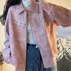 Kvinnors jackor beskuren cykliststil läder rosa trendiga vintage söta coola rockar nisch chic casual cardigan fashionabla streetwear