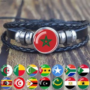 Other Bracelets Africa Country Flag Bracelets Men Women Algeria Sudan Tunisia Morocco Flag Glass Dome Black Leather Charm Bangles Punk JewelryL240415