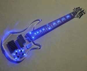 Kable niebieskie LED Body Acryl Acryl Electric Electric Bass Guitar z czarnym sprzętem Dostosuj