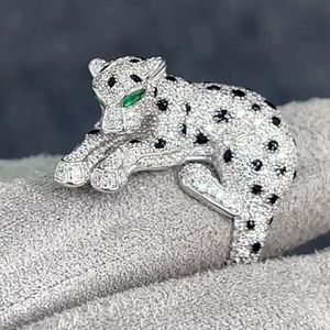 Lüks Büyük 925 Sterling Gümüş Siyah Emaye Noktası Yüksek Karbon Elmas Panter Şeklinde Leopar Halkası Erkek veya Kadın İnce Jewelri 240415