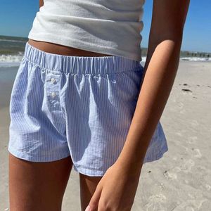Women's Shorts Women Y2k Stripes Boxer Button Elastic Waist Loose Fit Boy with Pocket Cute Lounge Sleep Summer Pants
