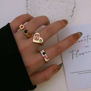 Fashion Blogger's Same Niche Silver Love Square Water with Korean Colored Diamond Opening Ring