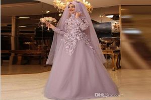 2017 muslimska långa ärmar hijab prom klänningar höga nackpärlor applikationer vestidos arabisk prom klänning lång tyll anpassad cocktail p7528357