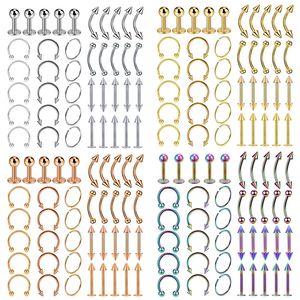 40PCS Steel Body Piercing Jewelry Lot Bulk Nose Ring Tongue Bar Eyebrow Labret Set Horseshoe Pack 240409