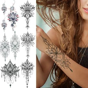 Henna lotus Temporäres Tattoo für Frauen gefälschte Schmuckketten Schwarz Blumenkörper Kunst Abstrakt Tatoo Aufkleber Transfer Mädchen 240408