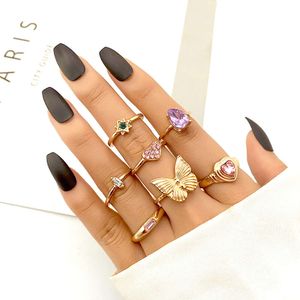 Creative Women's of 7 Purple Pink Set with Butterfly Heart Joint Finger Rings