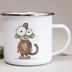 Muggar Mug Cartoon Monkey Tryckt Emamel Cup Gift For Children Metal Coffee Travel Kawaii Partihandel Cups to Sublimate Drinkware