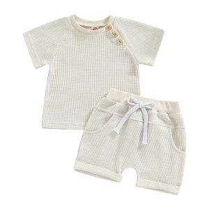 Şort Visgogo Bebek Erkek Kız Kızlar Yaz Giysileri 2pcs Kıyafetler Kısa Kollu Waffle Örgü Tshirt + Düğüm Ön Şort Set Sıradan Takip